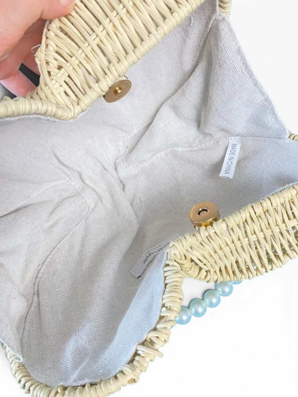 Haute Hippie Wicker Clam Shell Pearl Handle Clutch Bag